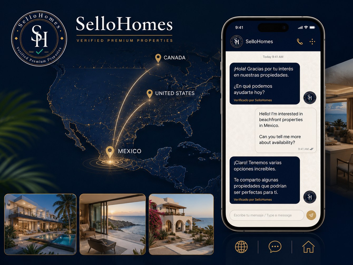 Mapa de alcance de SelloHomes en México, Estados Unidos y Canadá con atención bilingüe