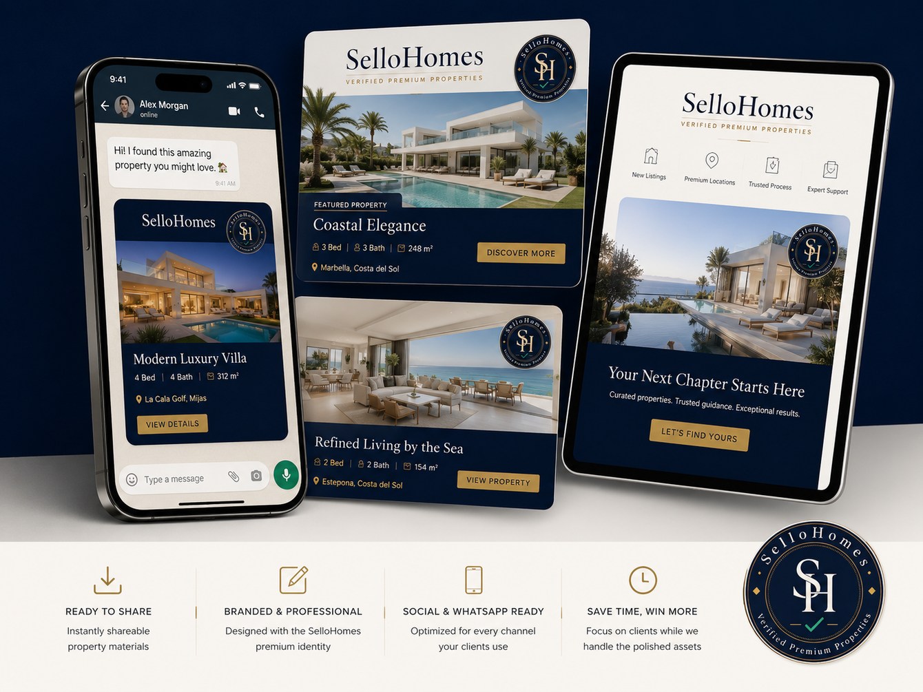 Materiales profesionales de SelloHomes listos para compartir en redes y WhatsApp