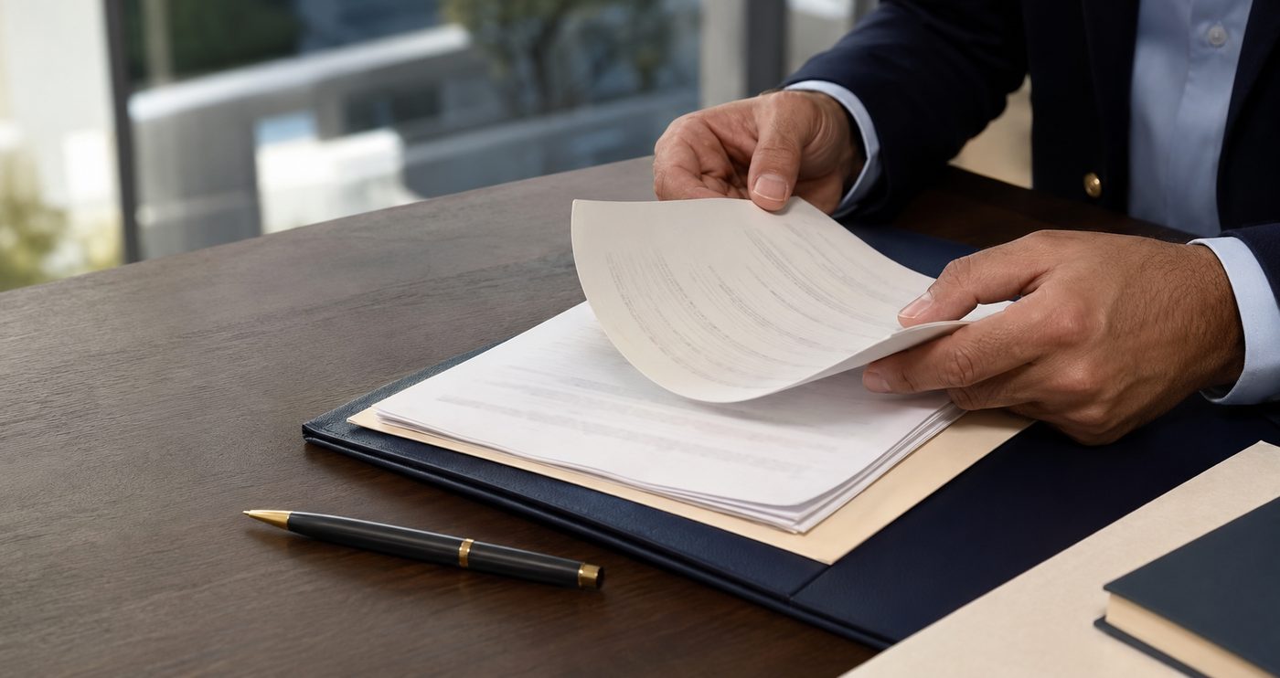 Manos revisando la documentación de una operación inmobiliaria sobre una mesa